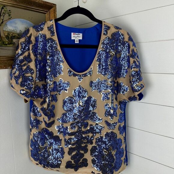Tracy Reese Neiman Marcus Sequin Top Short Sleeve Blue Nude Size Medium - Picture 1 of 4